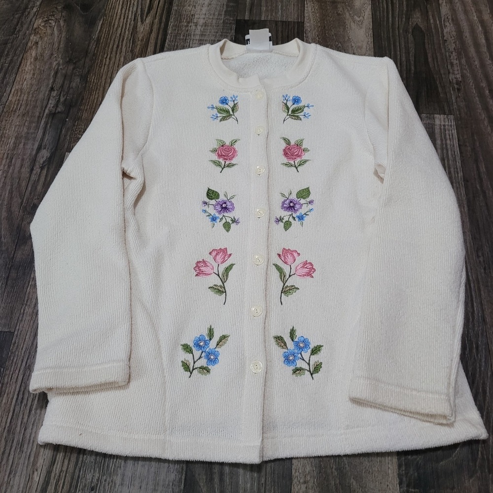 Womens Cardigan White W/ Embroidered Flowers BonWorth‎ Small
